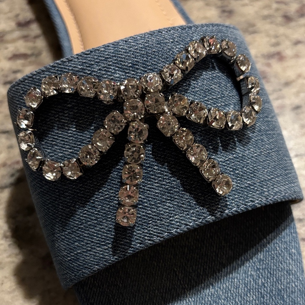 Denim Slide Sandals with Crystal Bow - Blue - Picture 2 of 5